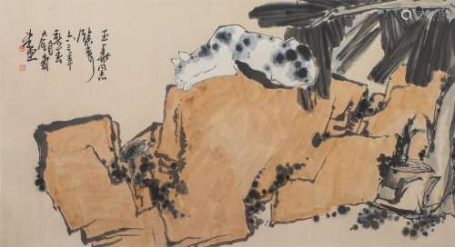A CHINESE PAINTING OF CAT ON STONE