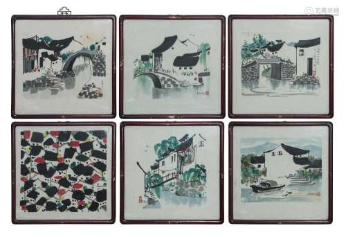 SIX FRAMED CHINESE PAINTING OF HOUSES