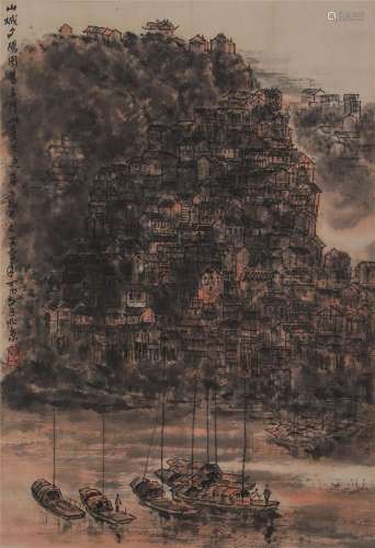 A CHINESE PAINTING OF HOUSES AND BOATS