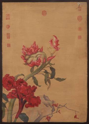 A CHINESE PAINTING OF FLOWERS WITH WOODEN FRAME
