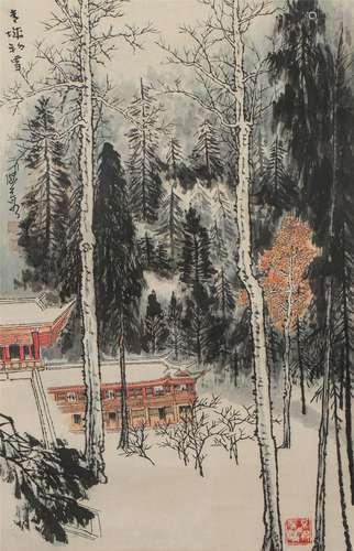 A CHINESE PAINTING OF HOUSES IN FOREST