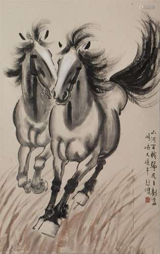 A CHINESE PAINTING OF RUNNING HORSES