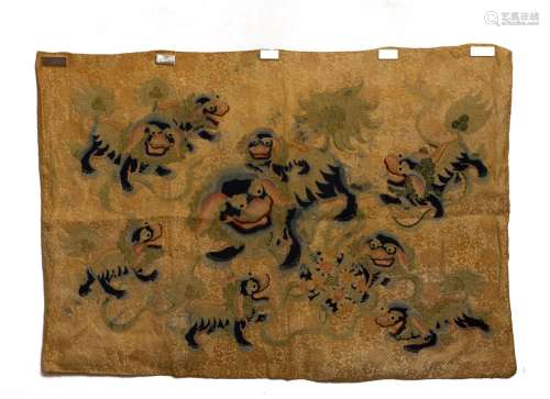 A CHINESE EMBROIDERED PANEL DEPICTING LIONS