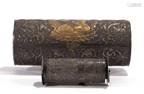 A PAIRT GILT SILVER BUDDHIST TEXTS SCROLL WITH BOX