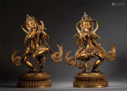 PAIR GILT BRONZE STANDING FIGURE OF BUDDHA