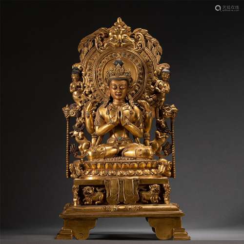 A HARDSTONES INLAID GILT BRONZE FIGURE OF BUDDHA