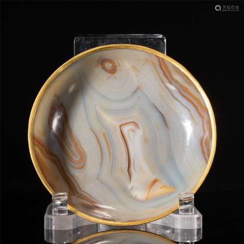 A GILT MOUNTED CARVED AGATE PLATE