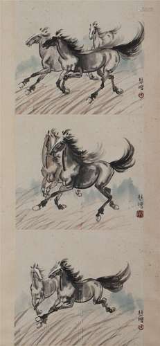 A CHINESE PAINTING OF RUNNING HORSES