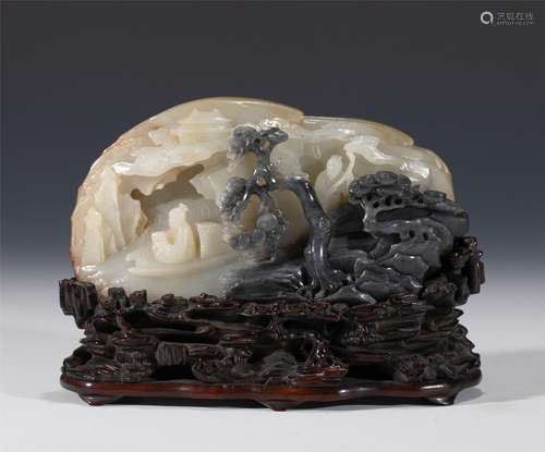 A CARVED JADE LANDSCAPE AND FIGURES BOULDER