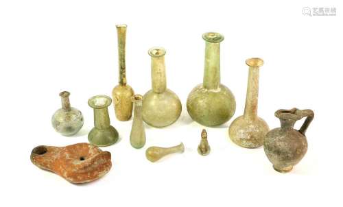 A Collection of Nine Various Roman Glass Unguentariums, prob...