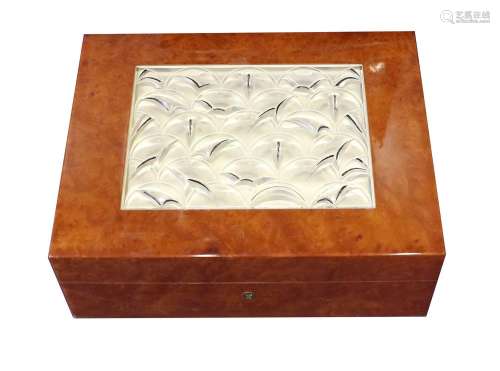 A Lalique Glass and Burr Madrona Humidor, modern, the hinged...