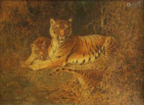 William Woodhouse (1857-1939)Tigress and cubs in scrublandSi...