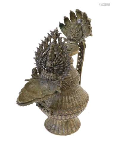 An Indian Bronze Ewer, of fluted double gourd form, spout an...