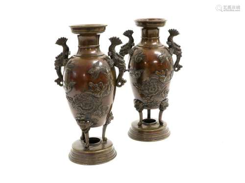 A Pair of Japanese Bronze Vases, Meiji period, of baluster f...
