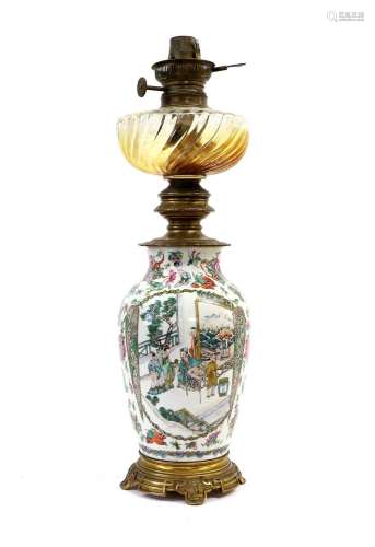 A Cantonese Porcelain Vase Converted to an Oil Lamp, 19th ce...