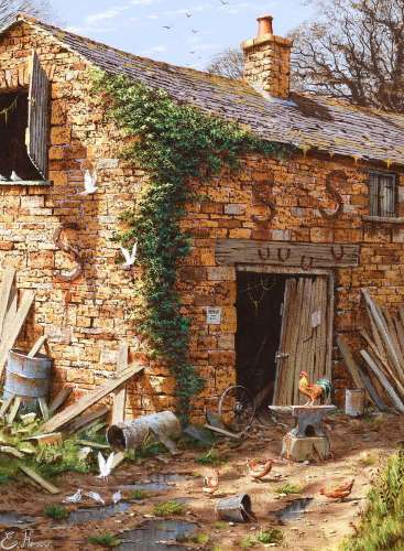 Edward Hersey (b.1948)Chickens and Doves before a ramshackle...