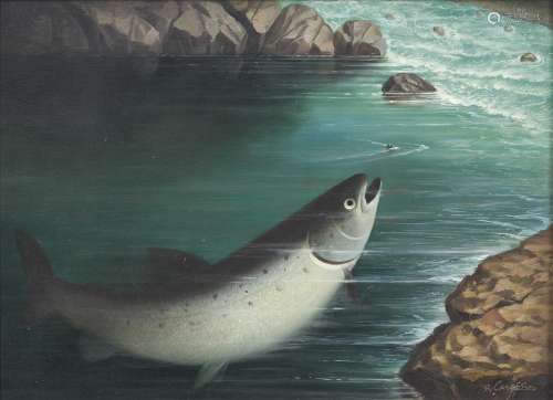 R Caspers (20th century)Landed Salmon on a river bank with f...