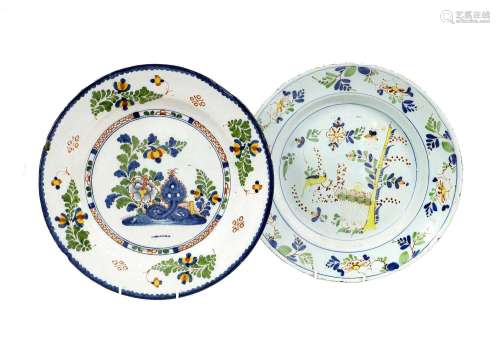 An English Polychrome Delft Dish, circa 1730, painted with a...