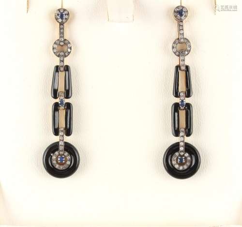 A pair of black onyx sapphire & diamond pendant earrings...