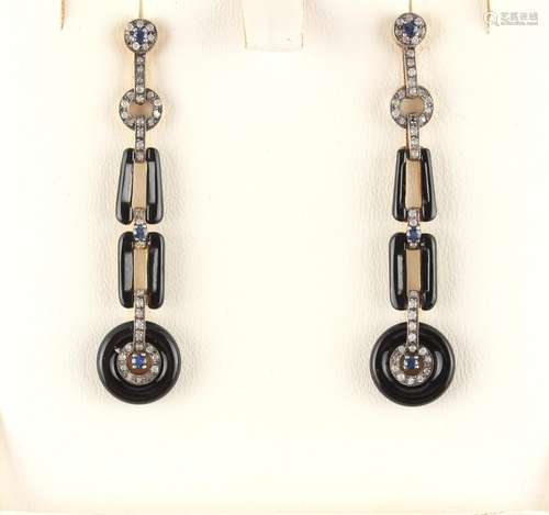 A pair of black onyx sapphire & diamond pendant earrings...