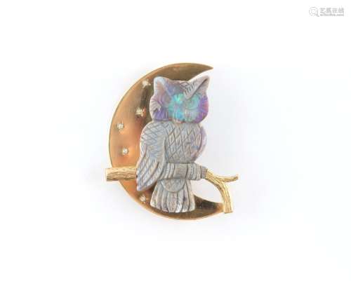 An unusual 18ct yellow gold carved opal & diamond Owl &a...