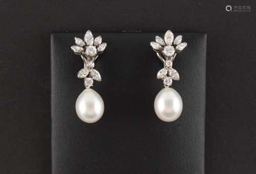 A pair of unmarked white gold diamond & South Seas pearl...