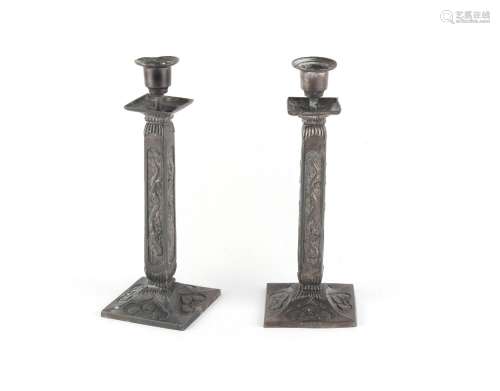 A pair of Japanese metal square section candlesticks, Meiji ...