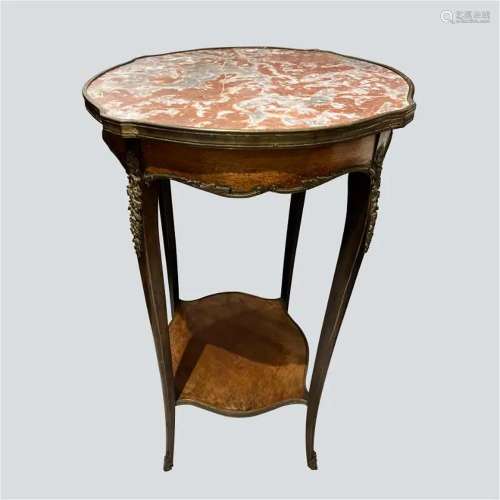 A Timber Veneer Marble Top Side Table With Galleried Metal T...