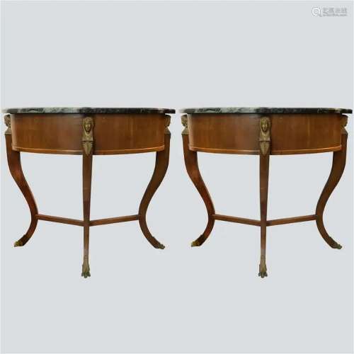 A pair of marble top tables with bronze statues 19th century