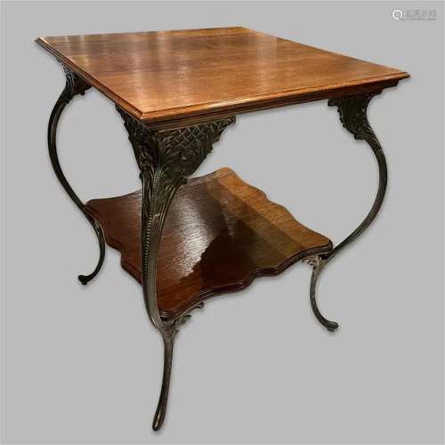 Bronze Frame Wooden Side Table, 20th Century