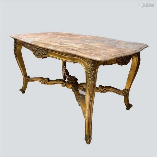 Dining table wooden baroque gold leaf and beige marble 19th ...