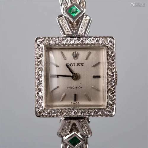 Rolex 18k gold set with emerald, diamond, mechanical watch