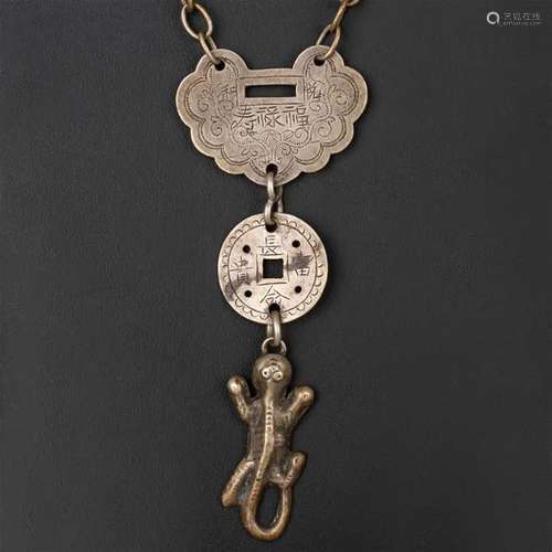 Fu Lu Shou, longevity, wealth and luck silver necklace