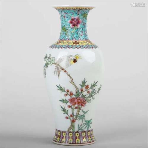 Famille rose flower, bird and poetry vase, Made in Jingdezhe...