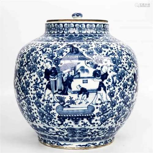 Blue and white tangled lotus pattern jar with Kangxi Year Ma...