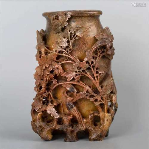 Shoushan stone hollowed-out flower pen holder 20th century