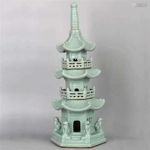 Japanese Celadon Porcelain three-tiered Pagoda, 20th Century