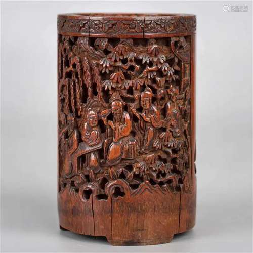 Bamboo pen holder carved with phoenix and figures