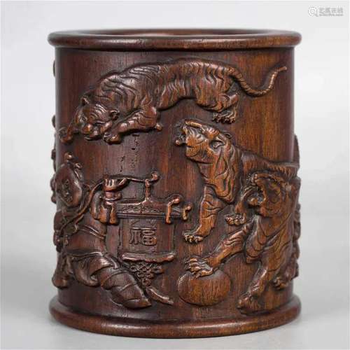 Carved Wooden Pen Holder with Ding Hai Year Lao Shi Mark