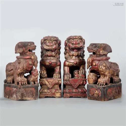 Pair of Carved Wooden Gilt Chinese Foo Dog Sculptures, 19th ...