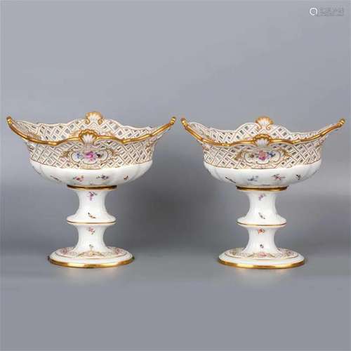 Antique Meissen Porcelain Hand Painted Reticulated Compote C...