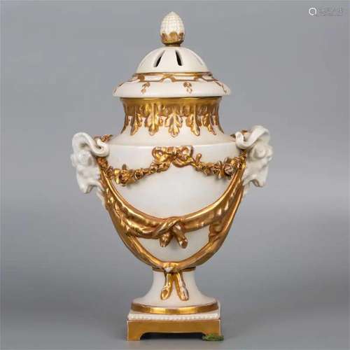 Italy Gorgeous White and Gold Naples Lidded Urn With Two Ani...