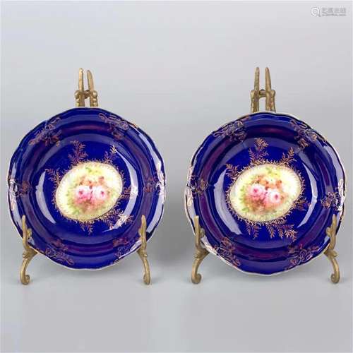 Pair Vintage Porcelain Royal Cobalt Blue Bowls Flowers Iris ...