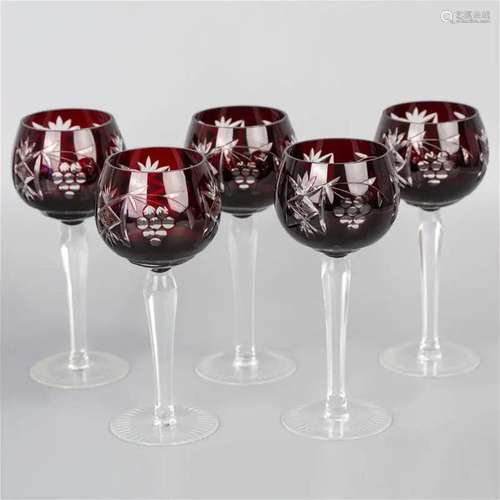 Crystal Lausitzer Stem Glasses with Colored Overlay Cut to C...