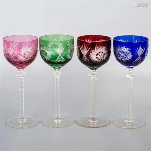 Crystal Lausitzer Stem Glasses with Colored Overlay Cut to C...