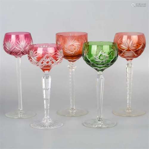 Crystal Lausitzer Stem Glasses with Colored Overlay Cut to C...