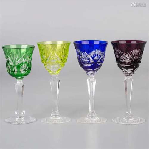 Crystal Lausitzer Stem Glasses with Colored Overlay Cut to C...