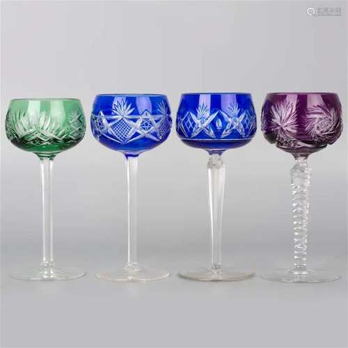 Crystal Lausitzer Stem Glasses with Colored Overlay Cut to C...