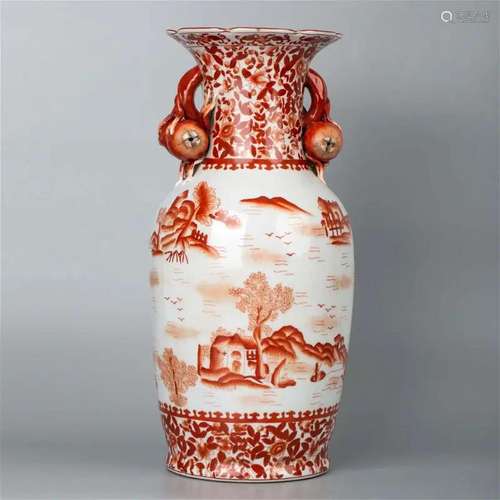 Alum red landscape pomegranate ear vase, 20th century