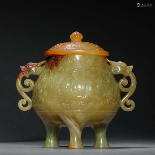 Ming Dynasty Hetian Jade Beast Head Tripod Furnace